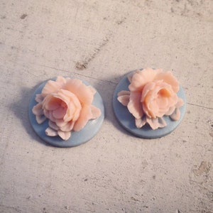 Può includere: Due bottoni rotondi in ceramica blu chiaro con un design a fiore rosa in rilievo.