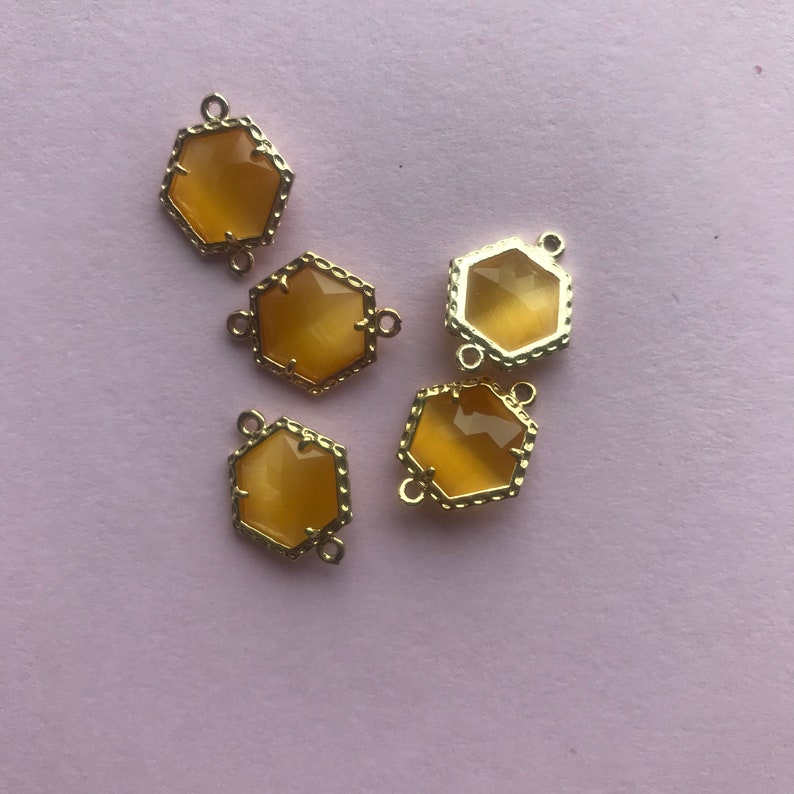 Hexagon Jewel Charm Link Yellow Faceted Glass in 24k GOLD Plated Brass Setting Drop Gem Jewels 15mm Hexagon Bezel G018