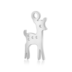 May include: Silver charm in the shape of a deer with spots. The charm has a loop at the top for attaching to a bracelet or necklace.