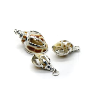 May include: Three silver-plated seashells with brown and white patterns. The shells have a hole at the top for hanging.