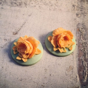 2 Stk. Einzigartige Vintage Style Orange Blume auf Seafoam Grün MINT Basis Kamee Cabochons (AV024)