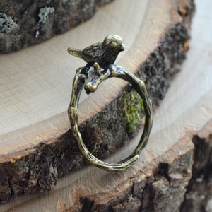 Bird Ring - Antique Bronze Finish - Bird on Branch Adjustable Ring - Vintage Style - Dainty Jewelry (E065)