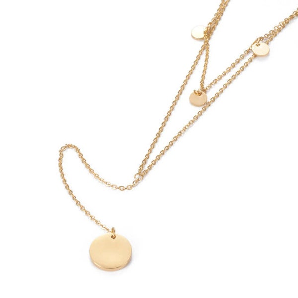 Stainless Steel Two Tiered Necklace with Cable chains  * Flat Round Golden Dainty Gold Thin Steel Chain Jewelry  * Layered chain (AV046)