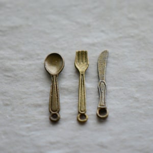 1  - Vintage Style Silverware • Mini Spoon Fork or Knife • Tiny Charms Food • Antique Bronze Utensils • Cute Miniature Charms (A066)