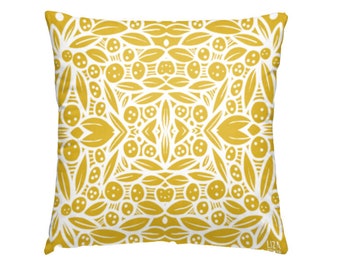 Throw pillow, ochre and white pattern, yellow indoor outdoor throw pillow, spun polyester, hidden zipper, cheerful home decor