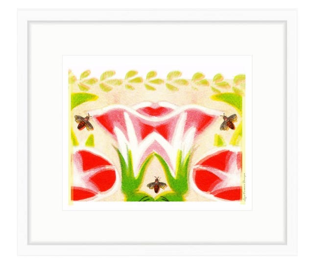 Bees In The Garden, Colorful Floral Famed Print of digital collage by Liza Cowan.. 24.21 x 21.13 inches framed. Free Shipping