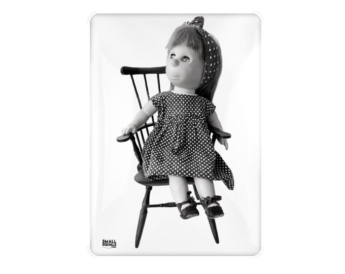 Poor Pitiful Pearl, fridge magnet  portrait of 1950s childhood classic midcentury doll, black and white portrait, great gift for doll lovers