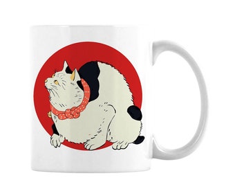 Japanese kitty mug, cat cafe, kitty coffee. red bandana kitty, good luck cat, cute kitty cup, cat lover gift, kitty lover, feline fancier