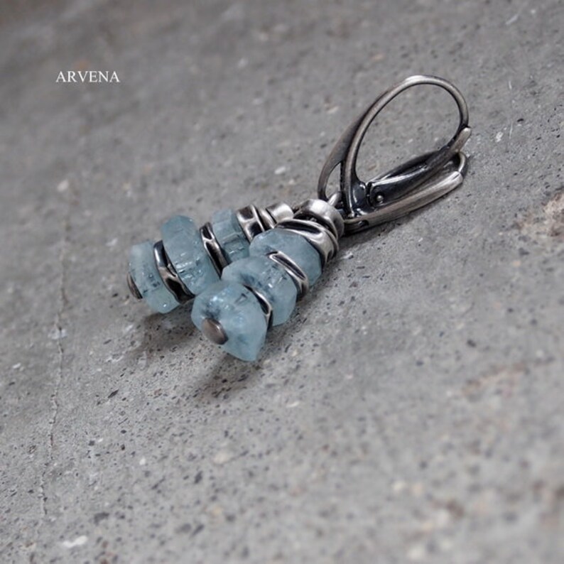 natural stones, Earrings Aquamarine and raw sterling silver,oxidized silver,artisan jewelry,Handmade,modern form,silver jewelry