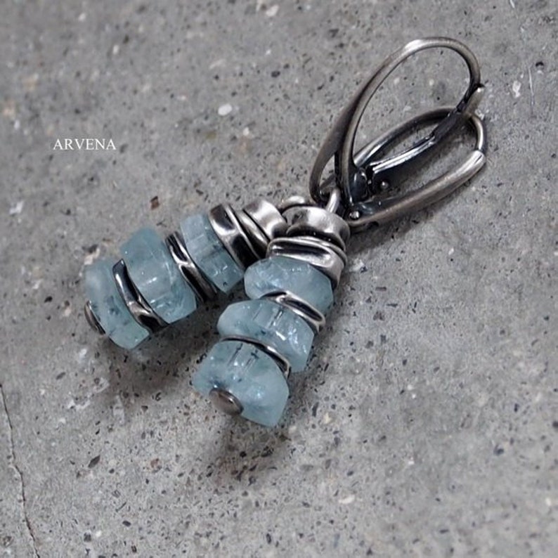 natural stones, Earrings Aquamarine and raw sterling silver,oxidized silver,artisan jewelry,Handmade,modern form,silver jewelry