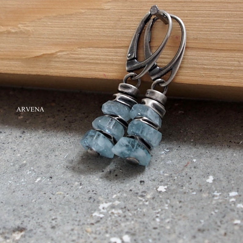 natural stones, Earrings Aquamarine and raw sterling silver,oxidized silver,artisan jewelry,Handmade,modern form,silver jewelry
