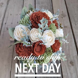 Pre-Made Fast Shipping, Fall Wedding Bouquet, Wood Flower Bouquet, Rust and Sage Bridal Bouquet, Wooden Flower Bouquet, Sola Wood Flowers