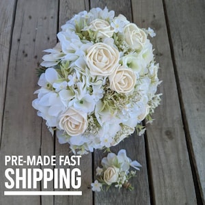 Wood Flower Bouquet and Boutonniere Set, Silk Flower Bouquet, Sola Wood Flowers, Wedding Bouquet Set, Bridal Bouquet and Boutonniere
