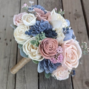 Wood Flower Wedding Bouquet, Light Pink and Blue Wedding Flowers, Wooden Bridal Bouquet for Destination Wedding