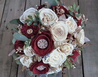 Rose Gold and Burgundy Wood Flower Bouquet, Brooch Wedding Bouquet, Wooden Bouquet for Bride, Bridal Wedding Flowers