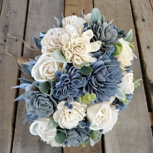 Slate Blue Sola Wood Flower Bouquet, Fake Bridal Flowers, Dusty Blue Wooden Wedding Bouquet