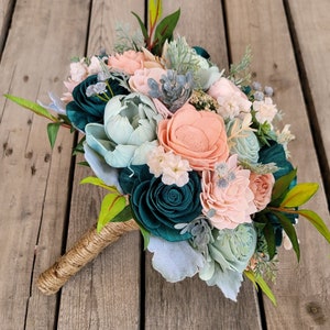 Wood Flower Bouquet, Dark Teal Bridal Bouquet, Wooden Flower Bouquet, Peach & Teal Wedding Bouquets, Wood Wedding Flowers