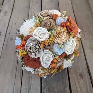 Fake Wedding Bouquet with Wood Flowers, Burnt Orange Bridal Bouquet, Wood Flower Bouquet, Fall Bouquet for Bride