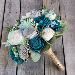 Wood Flower Beach Wedding Bouquet, Beach Bridal Bouquet, Wedding Flowers with Pearls, Oasis David's Bridal Flowers, Wooden Bouquet