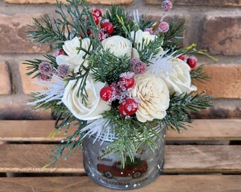 Christmas Wood Flower Centerpiece, Christmas Red Truck Flower Arrangement, Holiday Table Decoration, Holiday Hostess Gift