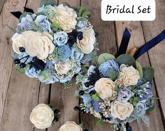 Wood Flower Bridal Set, Wedding Flowers Bouquet, Navy Wedding Bouquet Set, Dusty Blue Flowers, Wooden Bouquet