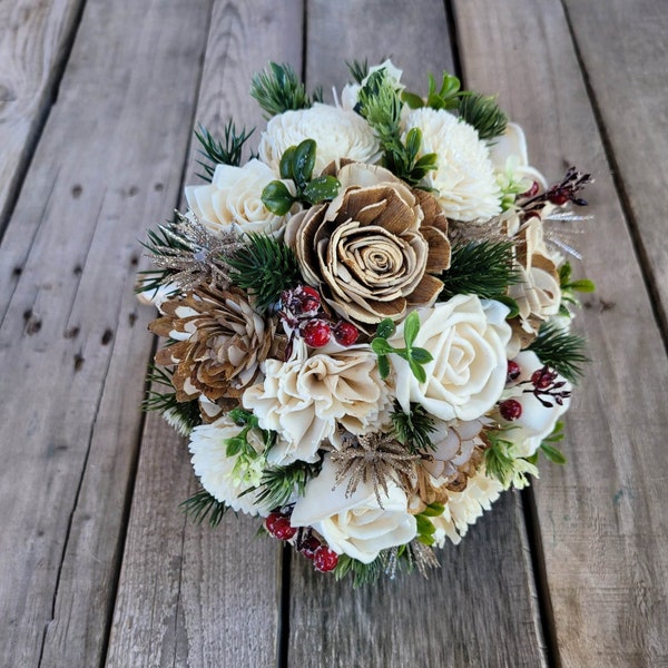 Wood Flower Christmas Wedding Bouquet, Winter Wedding Bouquets, Christmas Wooden Flower Bouquet, Holiday Wedding Flowers