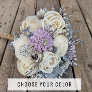 Silver Brooch Bouquet with Wood Flowers, Wood Wedding Bouquet, Silver Bridal Bouquet, Wedding Boutonniere, Wrist Corsage, and Bouquets