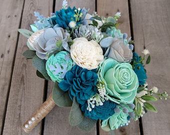 Wood Flower Bouquet, Teal Bridal Bouquet, Bride Bouquet for Weddings, Wedding Bouquet Flowers, Quinceanera Bouquet