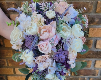 Cascading Bridal Bouquet with Wood Flowers, Fake Flower Bouquet, Lavender Wedding Bouquet