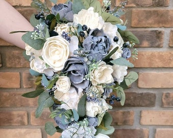 Dusty Blue Sola Wood Flower Bridal Bouquet, Slate Blue Wedding Flowers, Bridesmaid Bouquet