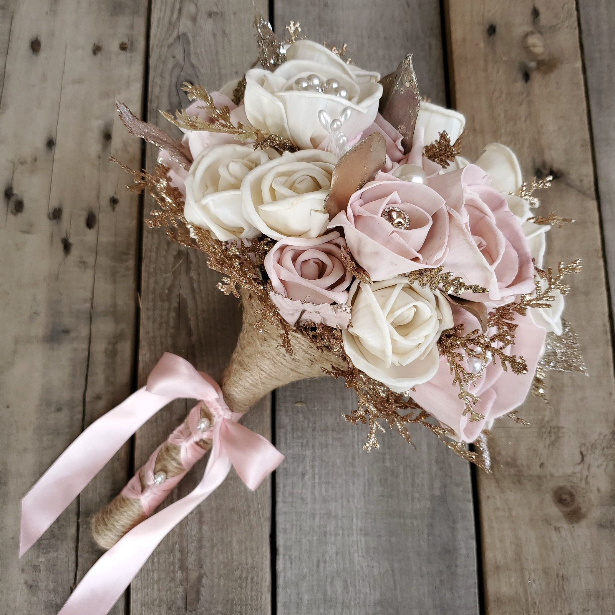 All Wood Rose Bouquet in Cream and Light Pink with Optional Etsy