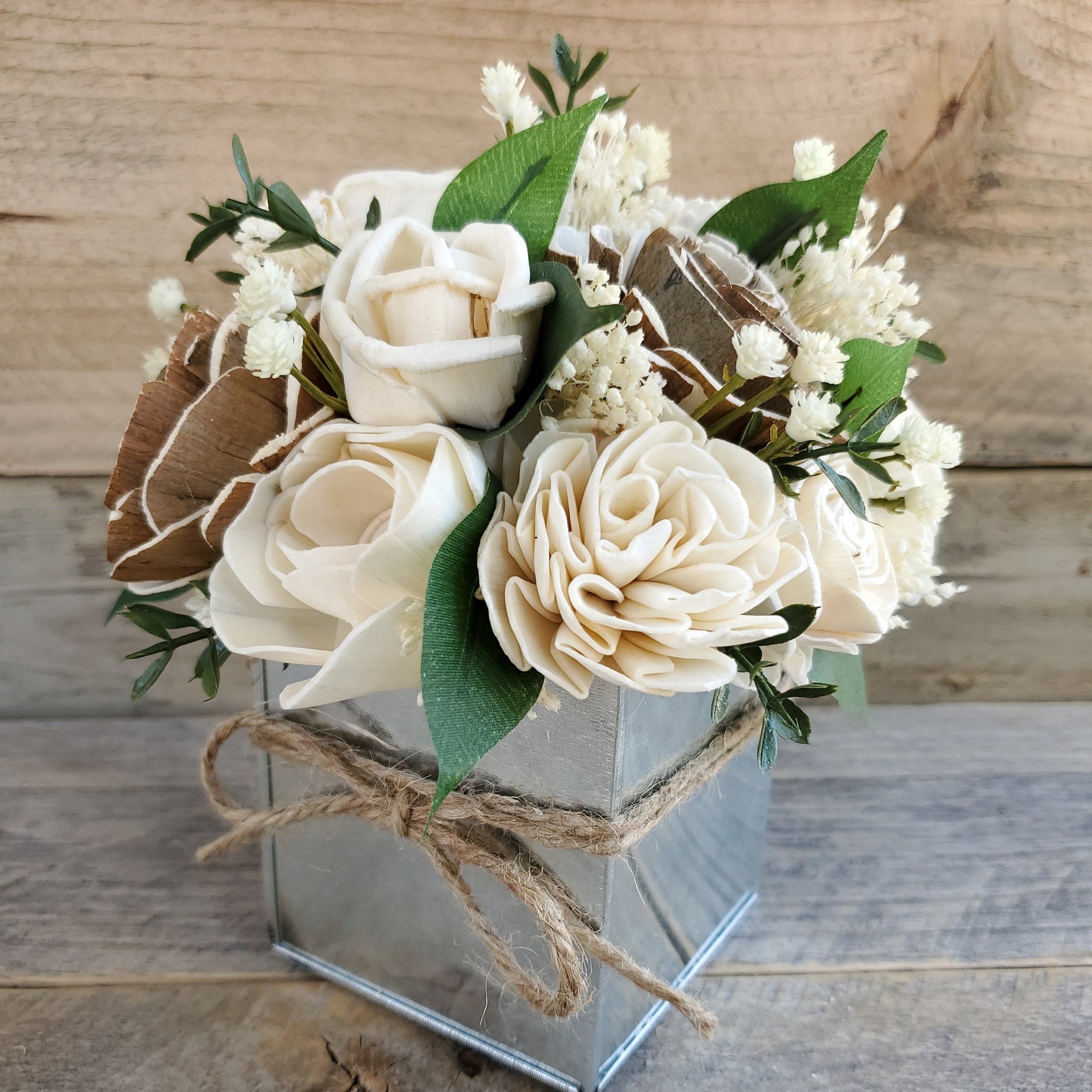 READY TO SHIP Rustic Wood Flower Floral Arrangement with Flowers in Cream and Bark, Metal Tin