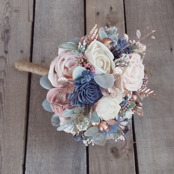 Sola Wood Flowers Wood Flower Bouquet Slate Blue and Blush