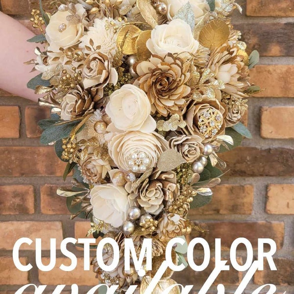 Wood Flower Bouquet, Cascading Wedding Bouquet, Brooch Bouquet, Wooden Flowers, Gold Bridal Bouquet