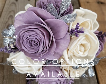 Wood Flower Bouquet, Wooden Bridal Flowers, Bridesmaid Wedding Bouquet, Purple and Silver Sola Wood Bouquet
