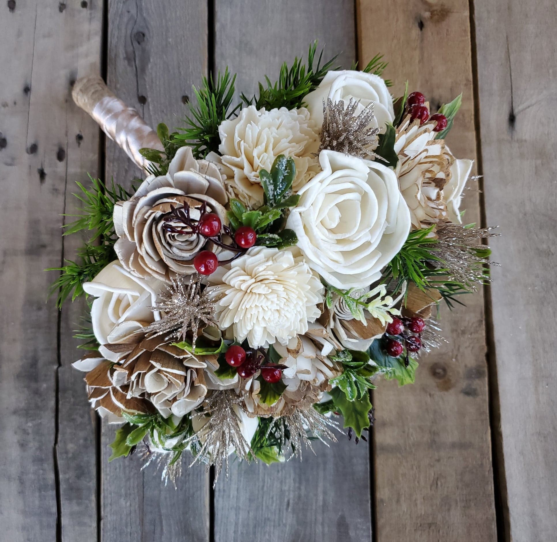 Wood Flower Bouquet, Winter Wedding Bouquet, Christmas Bridal