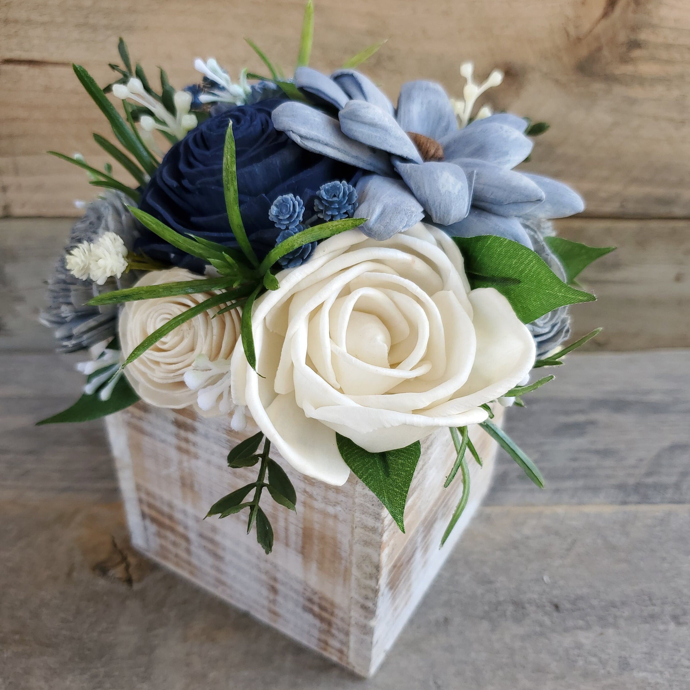 READY TO SHIP Wood Flower Floral Arrangement in Slate Blue ...