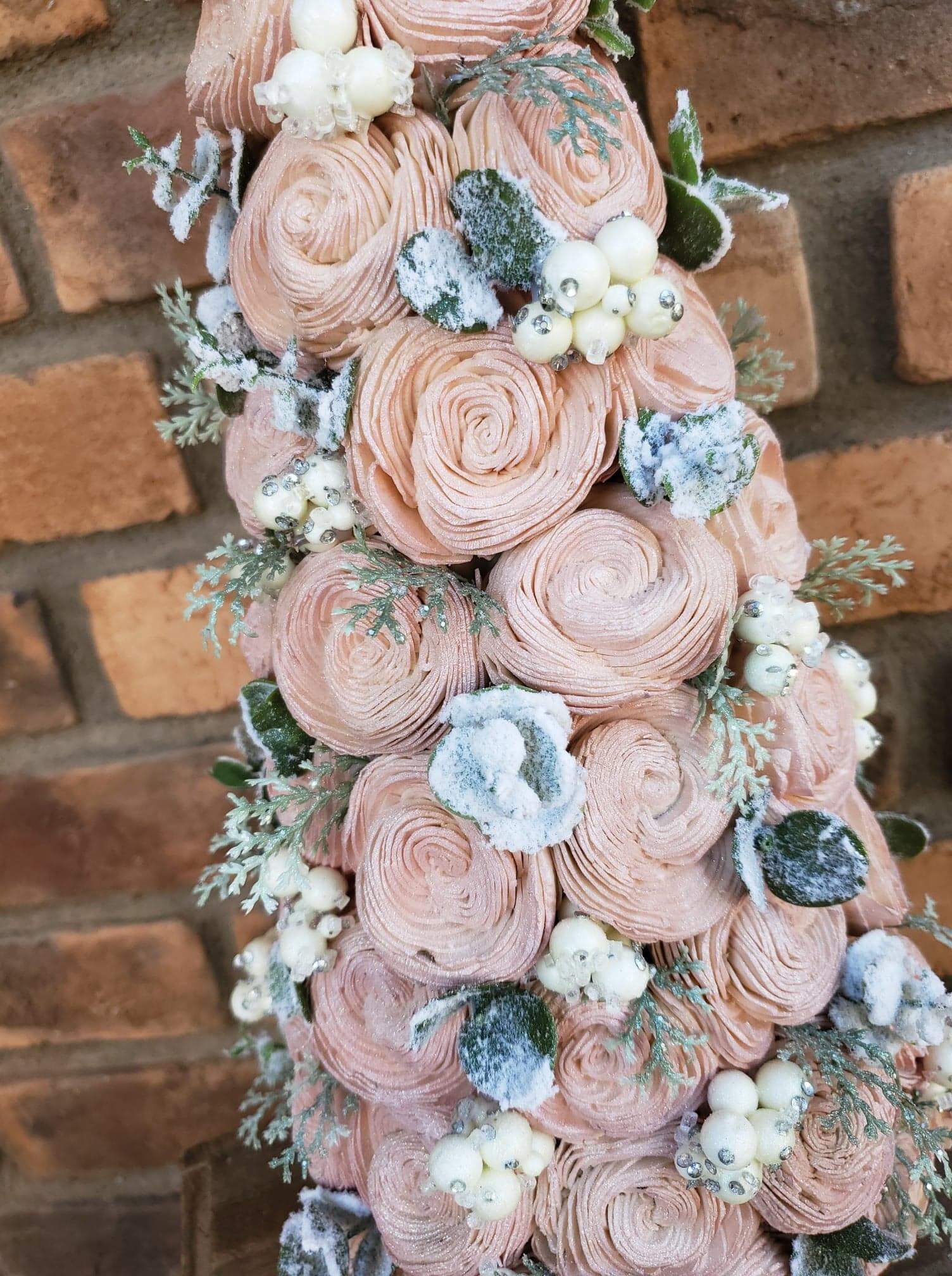 Ready To Ship Champagne Pink Wood Flower Christmas Tree With Flocked Eucalyptus And Snowy Berries