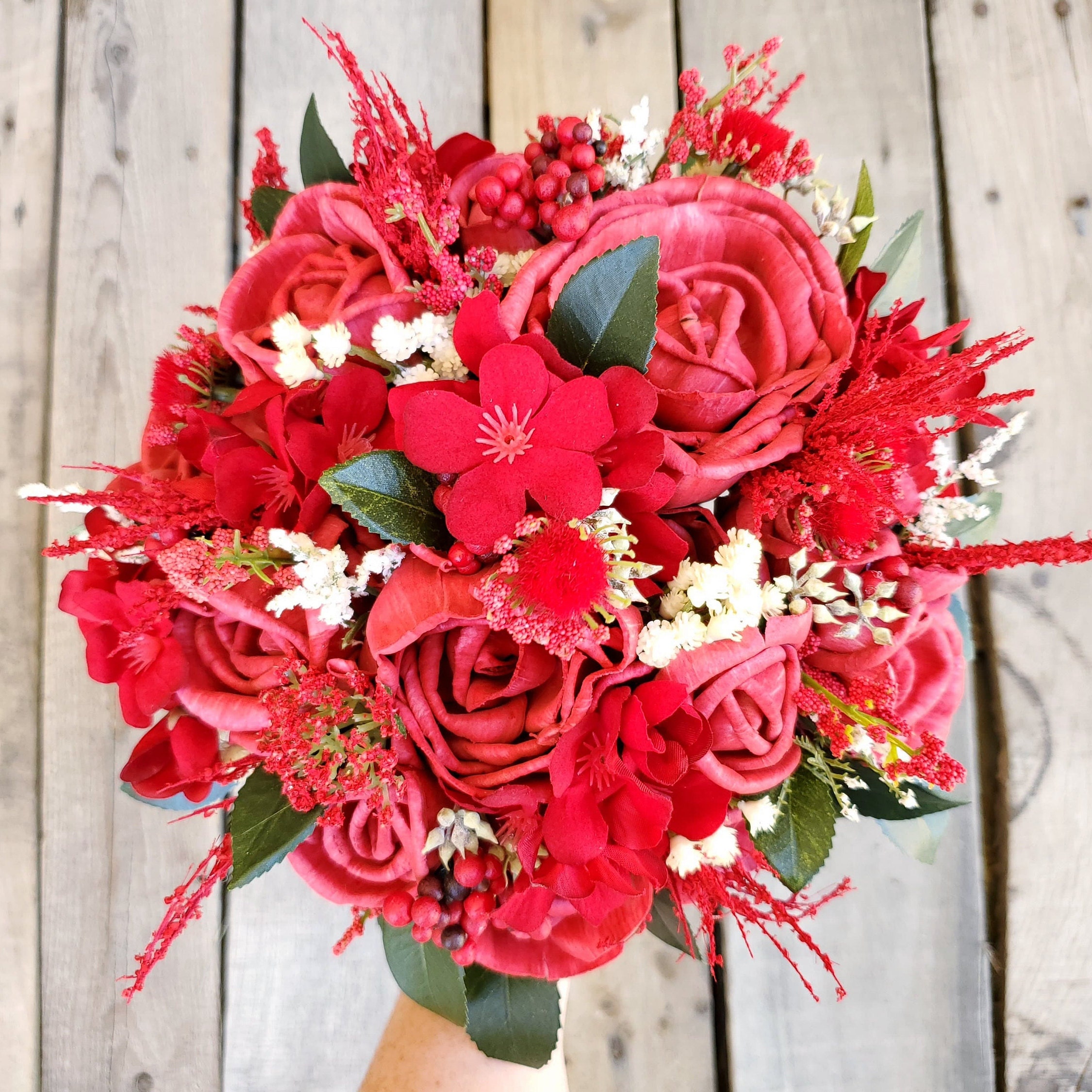 READY TO SHIP Red Rose Wood Flower Bouquet with Red Hydrangea, Ruscus