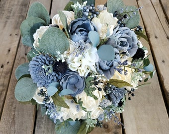 Wood Flower Bouquet, Dusty Blue Bridal Bouquet, Slate Blue Wooden Flower Bouquet, Wedding Bouquets for Bride, Wedding Flowers for Bridesmaid