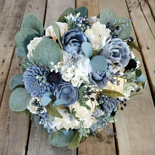 Wood Flower Bouquet, Dusty Blue Bridal Bouquet, Slate Blue Wooden Flower Bouquet, Wedding Bouquets for Bride, Wedding Flowers for Bridesmaid