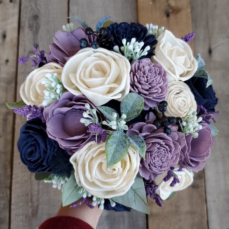 Lavender and Navy Wedding Bouquet, Sola Wood Flower Bouquet, Artificial Flower Bouquet, Wedding Decor image 3