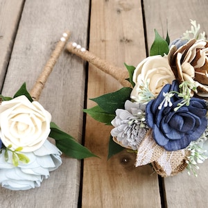 Rustic Navy and Dusty Blue with Burlap Sola Wood Flower Bouquet image 7