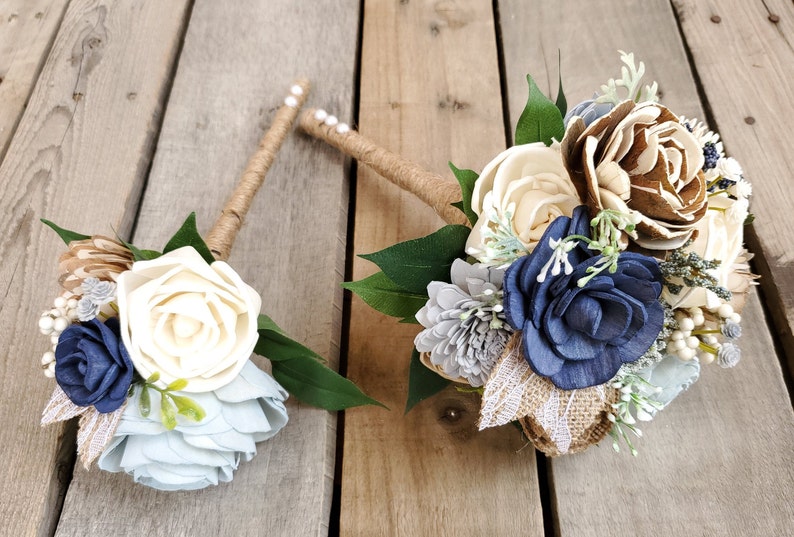Rustic Navy and Dusty Blue with Burlap Sola Wood Flower Bouquet image 7