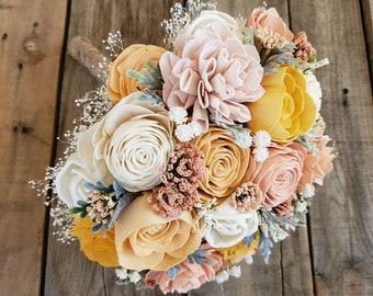 Peach and Light Pink Wood Flower Bouquet, bridal bouquet, bridesmaid bouquet, flower girl bouquet