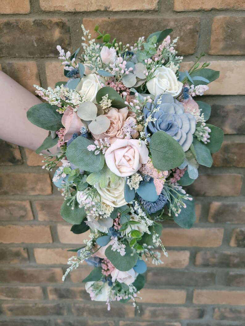 Wood Flower Bouquet Dusty Blue and Pink Wedding Bouquet Etsy