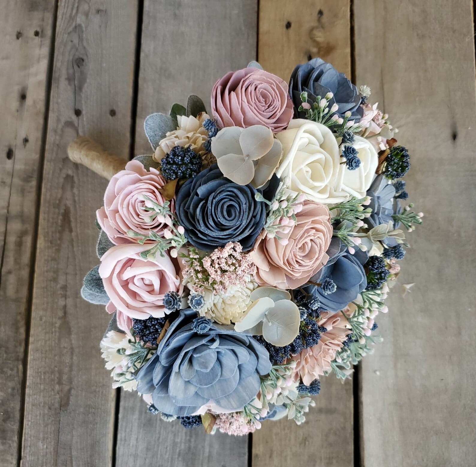 Wooden Flower Bouquet Dusty Blue and Blush Wood Flowers Etsy