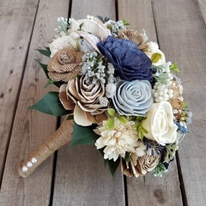 Rustic Navy and Dusty Blue with Burlap Sola Wood Flower Bouquet