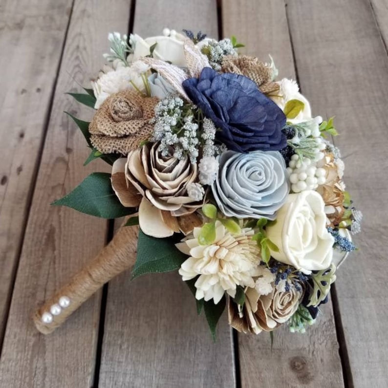 Rustic Navy and Dusty Blue with Burlap Sola Wood Flower Bouquet image 1