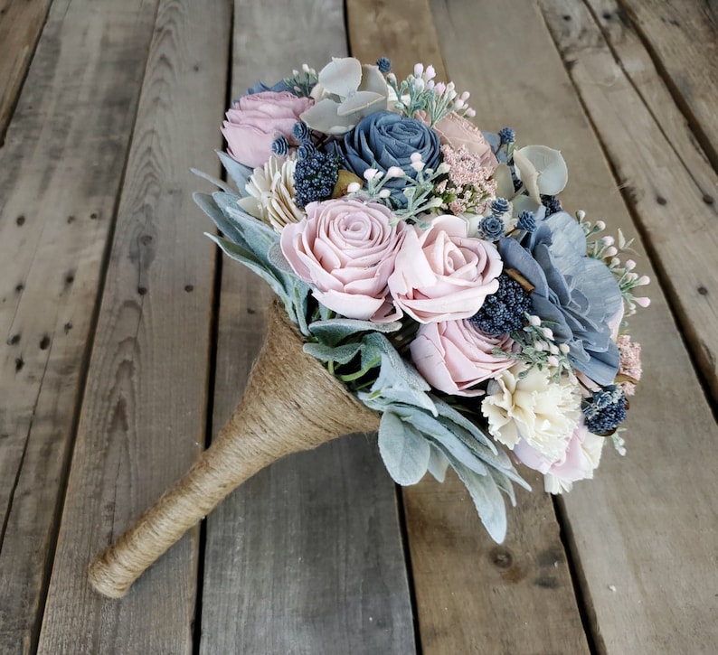and Lambs Ear and Cream Flowers Eucalyptus Dusty Miller READY TO SHIP Wood Flower Bouquet with Slate Blue Blush Pink bridal bouquet